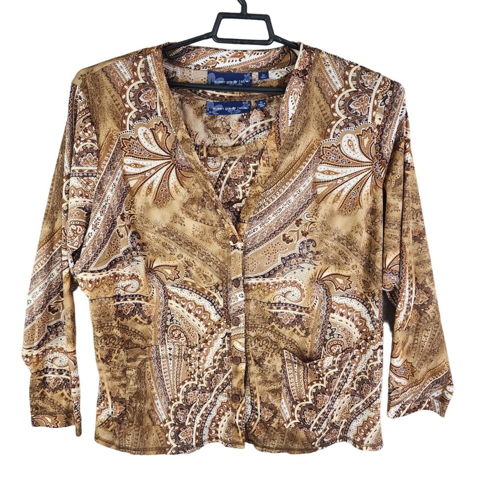 Women's 2Pc Susan Graver Style Paisley Button-Down Blouse Top Brown Size L